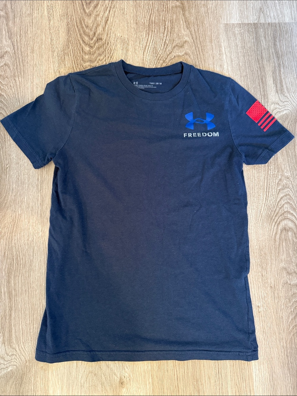 Under Armour Boys Navy Tee with Blue Logo and Red Sleeve Flag Freedom